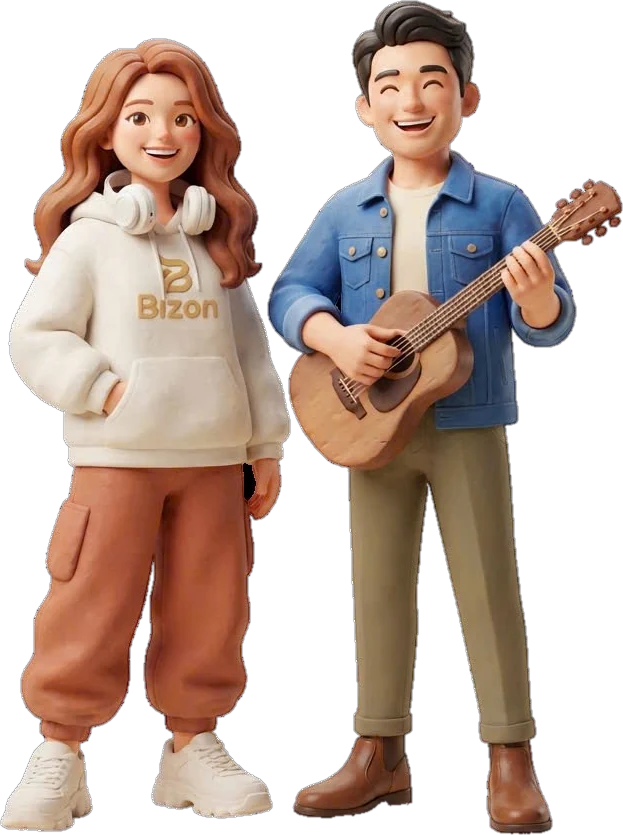 Hai nhân vật đất sét của BizOn: một người mặc áo hoodie Bizon đeo tai nghe, một người ôm ghi-ta gỗ