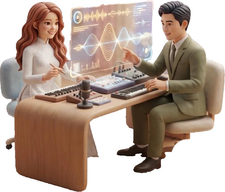 Hai nhà sáng lập BizOn ngồi hai bên bàn phòng thu, cùng nhìn một dải sóng âm nổi trên không