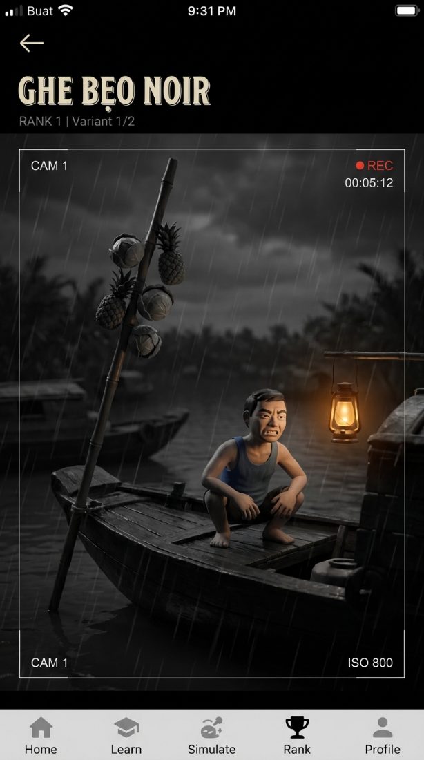 Hình dung claymation noir: một người đàn ông đất sét ngồi trên ghe gỗ đêm mưa, mũi ghe dựng cây bẹo cao treo dứa và nông sản, đèn dầu toả sáng ấm.
