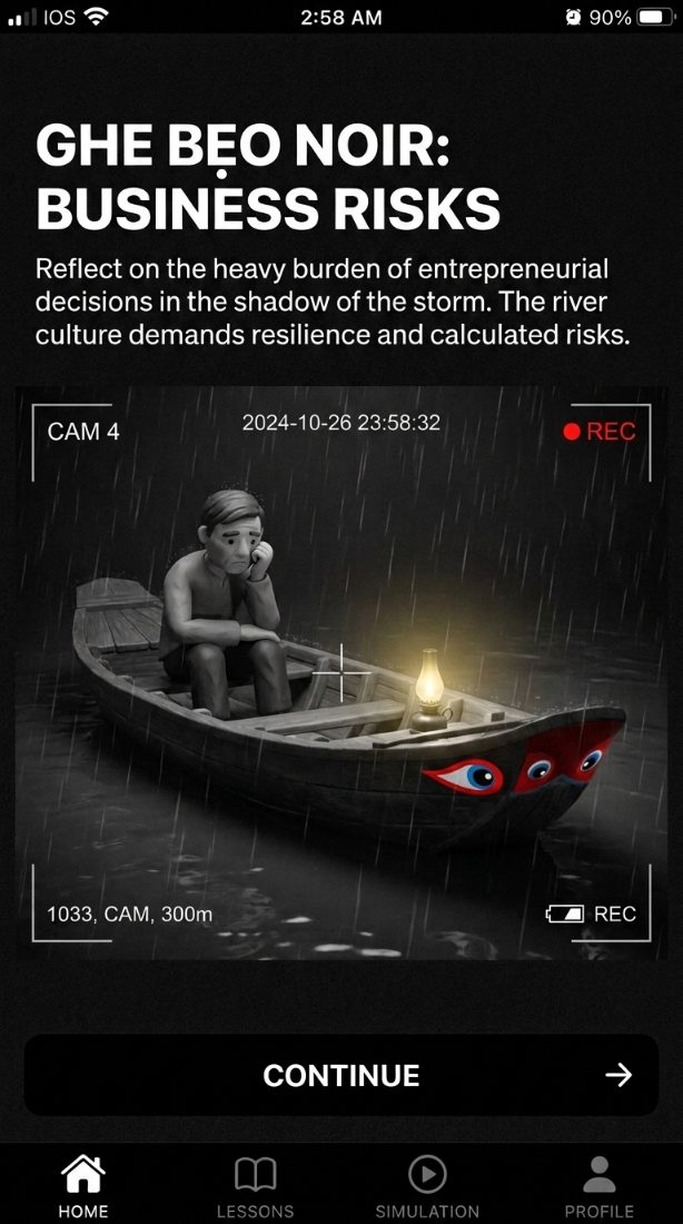 Hình dung claymation noir đen trắng: chiếc ghe với đôi mắt vẽ đỏ-trắng ở mũi giữ nguyên màu, đèn dầu vàng, người đàn ông đất sét ngồi mệt mỏi trong mưa.