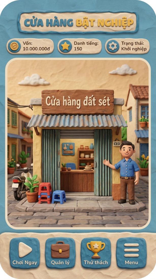Hình dung đất sét ấm: màn hình chủ 'Cửa hàng Bật Nghiệp' với cửa tiệm đất sét, các chỉ số Vốn / Danh tiếng / Trạng thái, nhân vật đeo phù hiệu CEO.