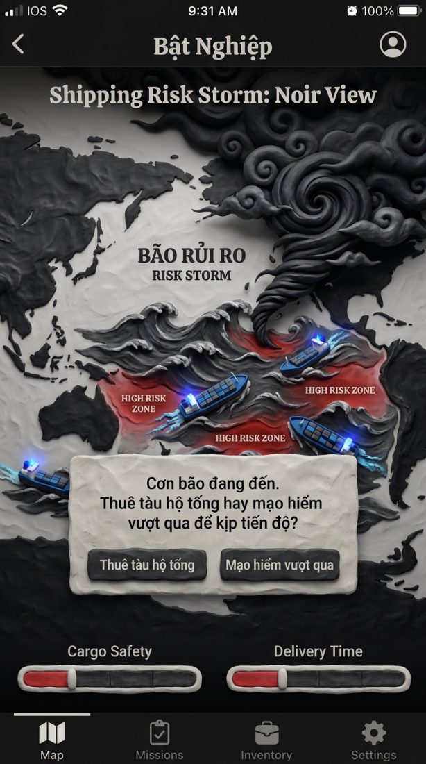 Hình dung đất sét noir: bản đồ thế giới với cơn 'Bão Rủi Ro', tàu hàng qua vùng nguy hiểm, câu hỏi thuê tàu hộ tống hay mạo hiểm vượt qua, hai thanh đánh đổi An toàn hàng và Kịp tiến độ.