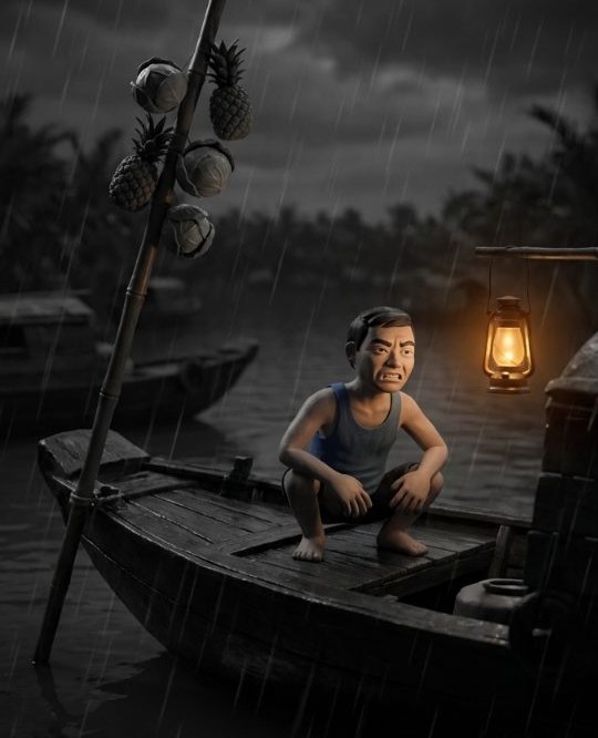 Bến sông đêm phong cách claymation noir — ghe treo cây bẹo khóm, đèn dầu, người bán hàng rong