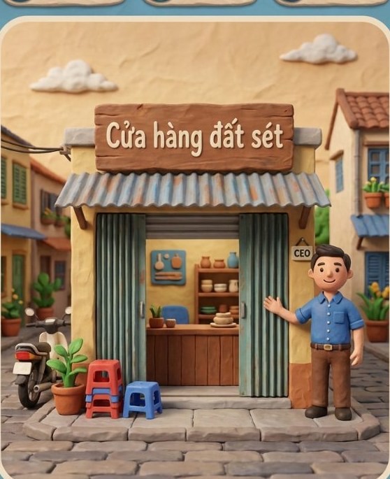 Cửa hàng đất sét trên phố — chủ doanh nghiệp đứng trước tiệm, phong cách đất sét