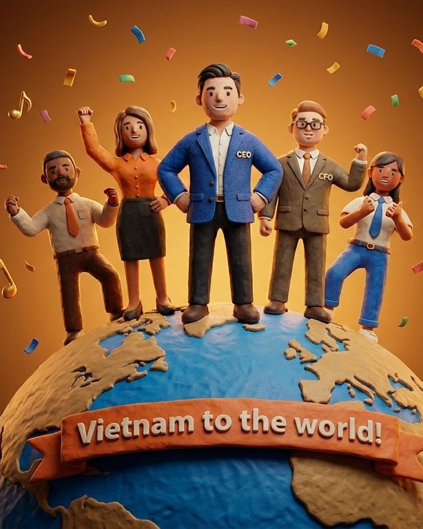 Đội ngũ BizOn đứng trên quả địa cầu đất sét — biểu ngữ 'Vietnam to the world'