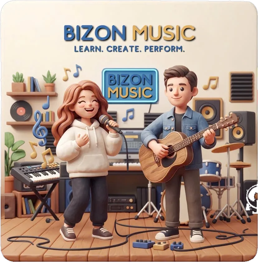 Áp phích «BIZON MUSIC – Learn. Create. Perform.»: hai bạn trẻ đất sét biểu diễn trên sàn gỗ, một người hát micro, một người ôm ghi-ta, quanh phòng là đàn phím, trống, loa và đĩa than