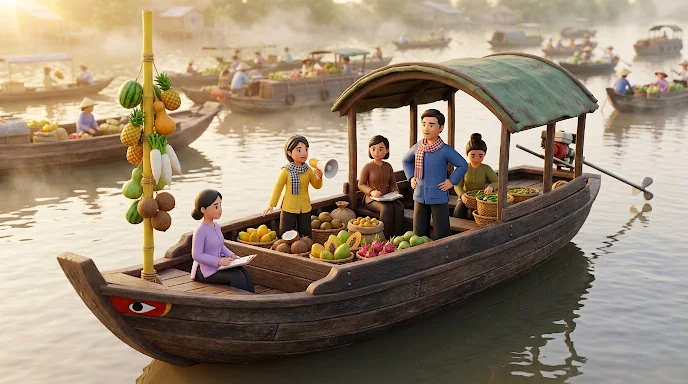 Cả đội Phù Sa bán trái cây trên ghe hàng bông giữa chợ nổi Mekong lúc bình minh