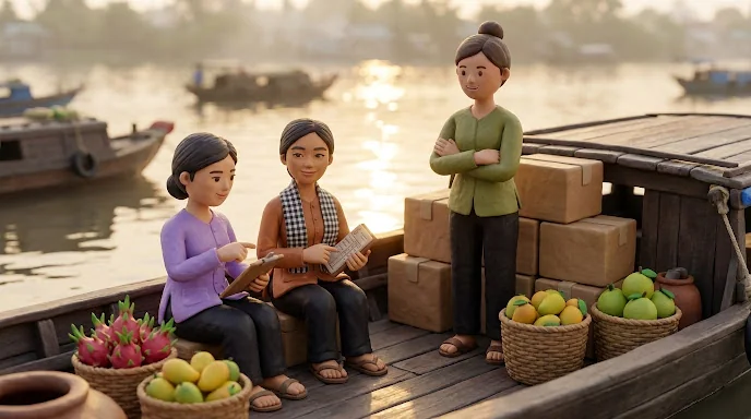 Hai thành viên ghi sổ bên các thùng hàng và giỏ trái cây trên ghe