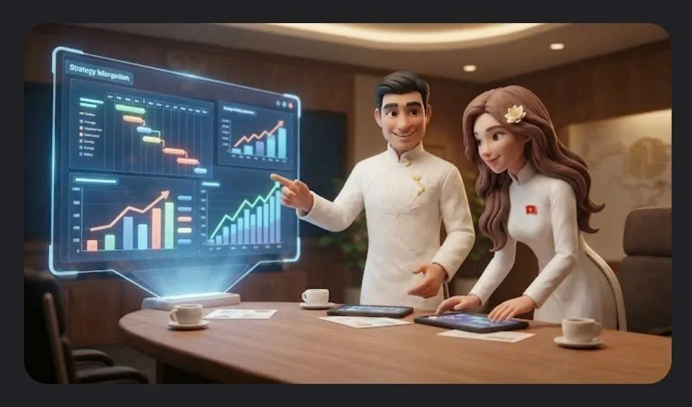 Hai cố vấn áo dài thuyết trình chiến lược bằng hologram