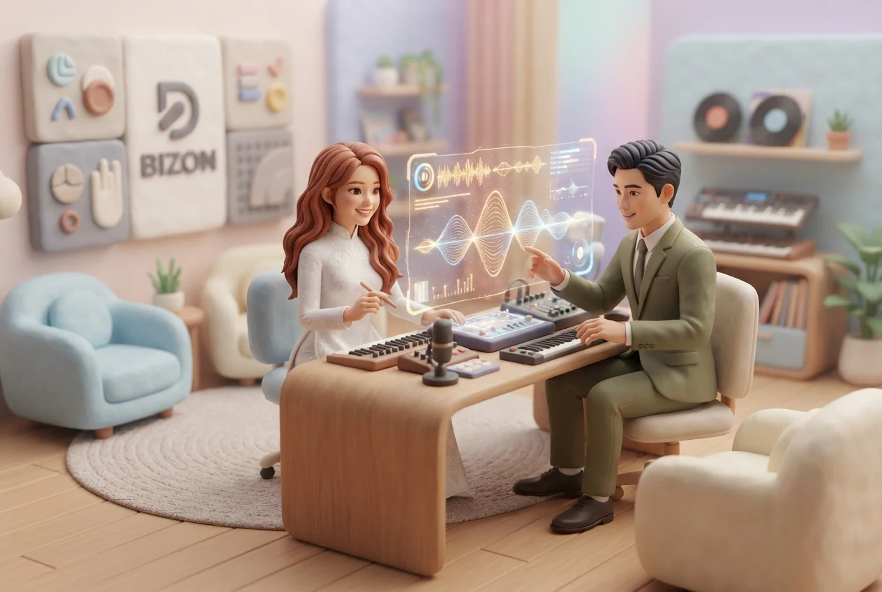 Phòng thu đất sét 3D của BizOn: hai nhà sáng lập ngồi hai bên bàn gỗ với hai cây đàn phím, micro và bàn trộn, cùng nhìn dải sóng âm nổi trên không
