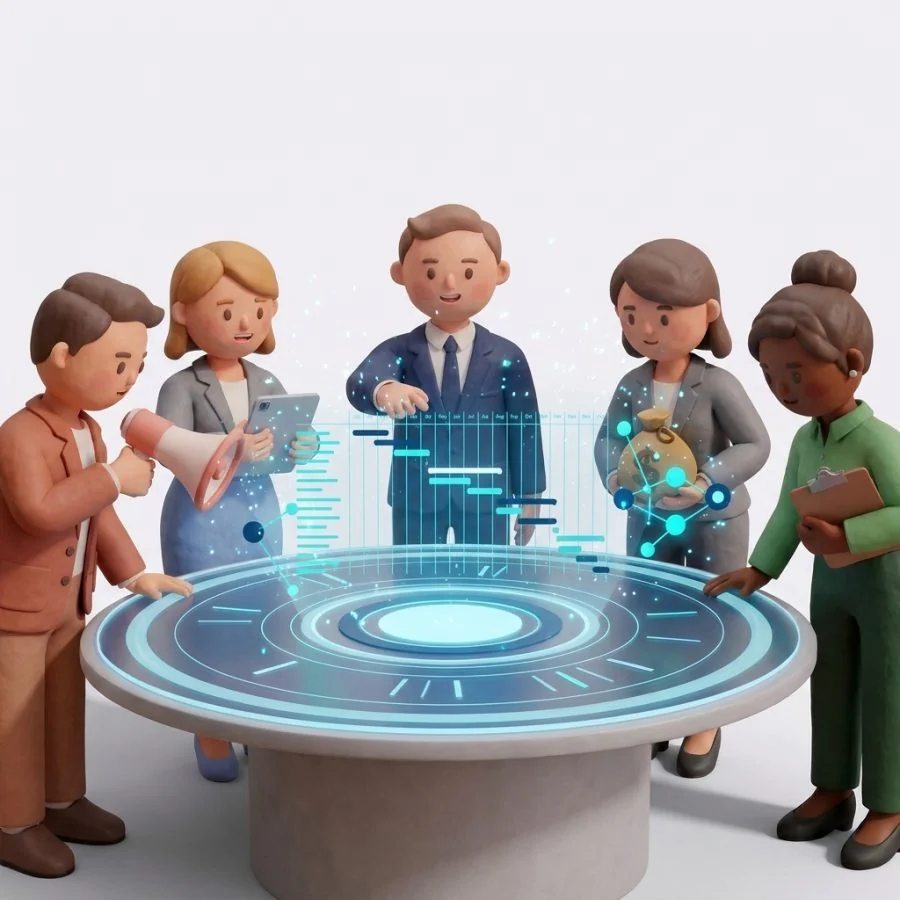 Đội ngũ họp chiến lược quanh bàn hologram