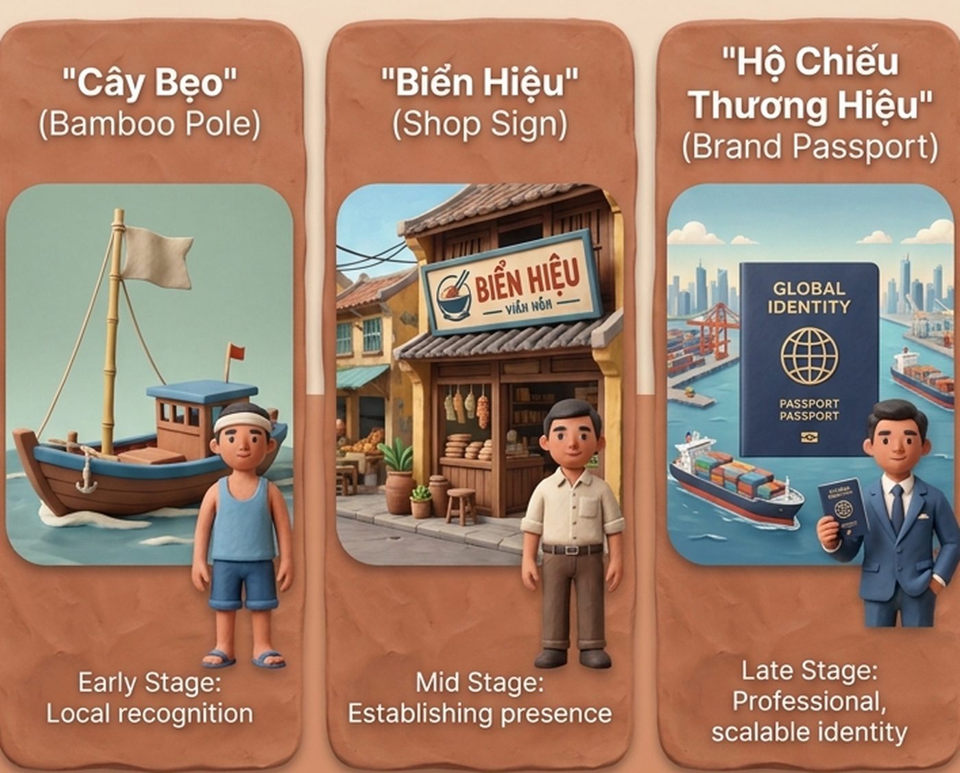 Sơ đồ ba bước đất sét: Cây Bẹo (Bamboo Pole) — ghe hàng bông, nhận diện địa phương; Biển Hiệu (Shop Sign) — cửa tiệm phố thị, khẳng định hiện diện; Hộ Chiếu Thương Hiệu (Brand Passport) — cảng biển toàn cầu, nhận diện chuyên nghiệp mở rộng.
