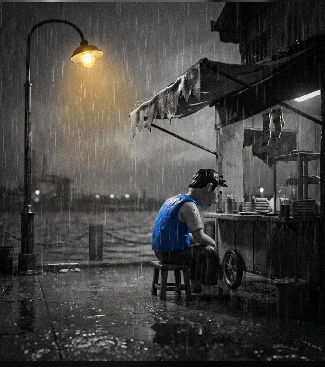 Bản dựng noir: người đàn ông đất sét áo ba lỗ xanh ngồi trên ghế đẩu bên quầy hàng vỉa hè, đèn đường vàng, mưa đêm, mặt nước phản chiếu, dáng cúi kiệt sức.