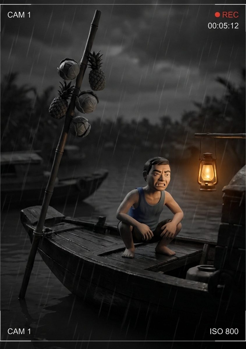 Bản dựng noir: người đàn ông đất sét ngồi xổm trên ghe đêm mưa, mũi ghe dựng cây bẹo cao treo dứa và bắp cải, đèn dầu vàng, biểu cảm gằn. Có chữ CAM 1 REC 00:05:12 in trong ảnh.