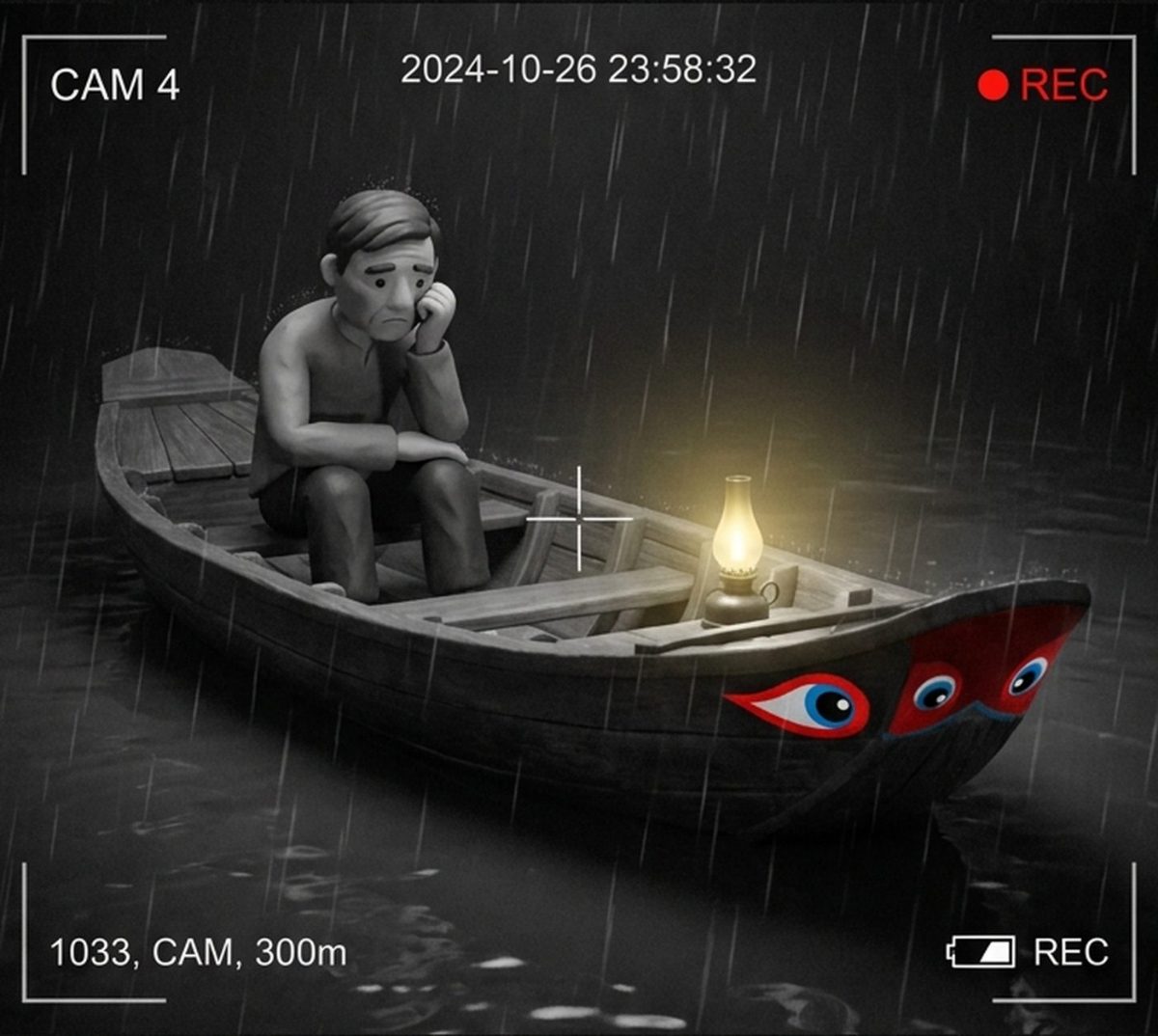 Bản dựng noir đen trắng: chiếc ghe với đôi mắt vẽ đỏ-trắng-xanh ở mũi giữ nguyên màu, đèn dầu vàng, người đàn ông đất sét ngồi tựa má mệt mỏi. Có chữ CAM 4 REC in trong ảnh.