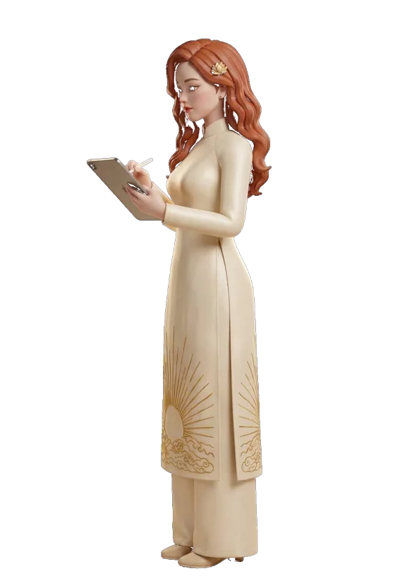 Huong AI in a cream ao dai embroidered with a gold sunrise, drafting on a tablet