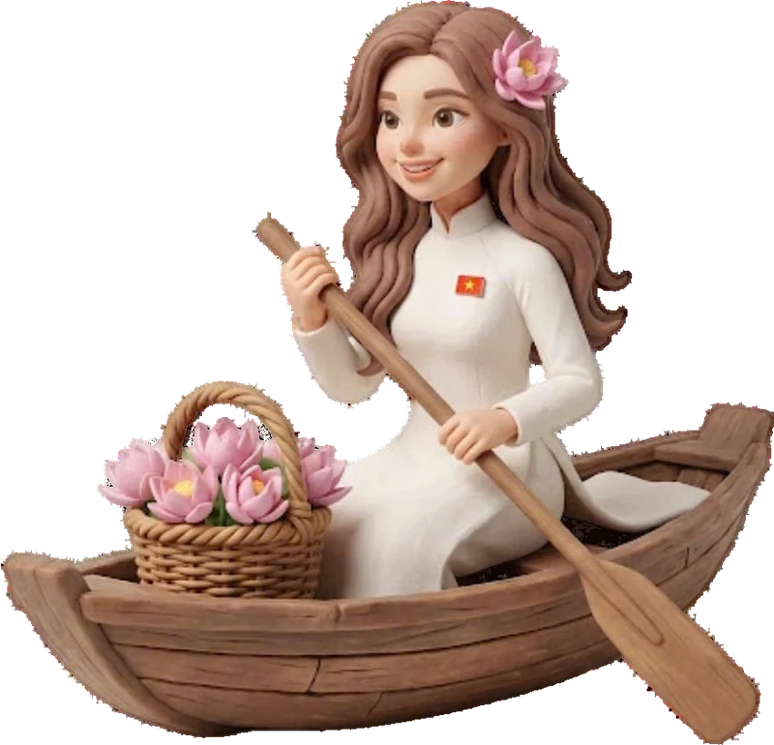 Hình đất sét: Hương trong áo dài trắng ngồi trên chiếc thuyền nhỏ giữa mặt nước lặng