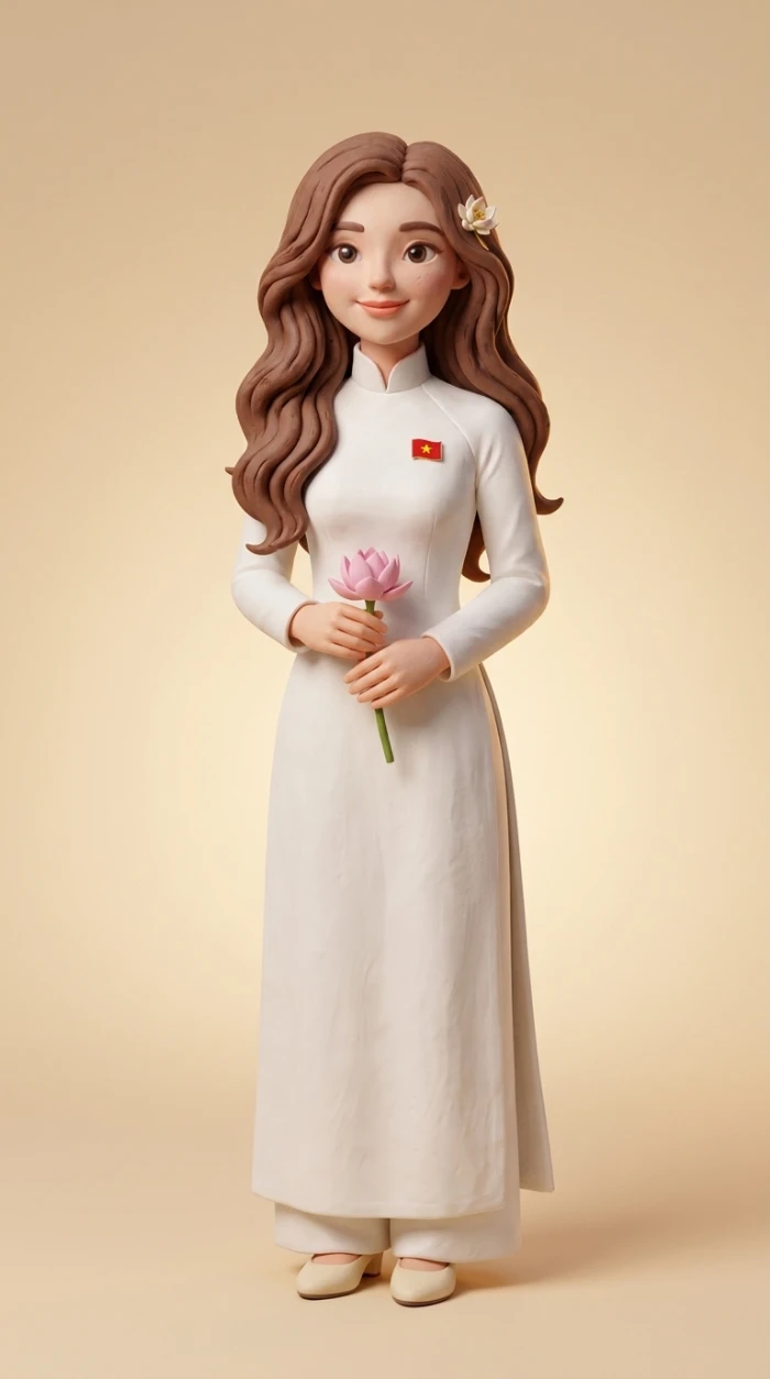Clay-modelled figure of Huong AI in a white ao dai holding a lotus