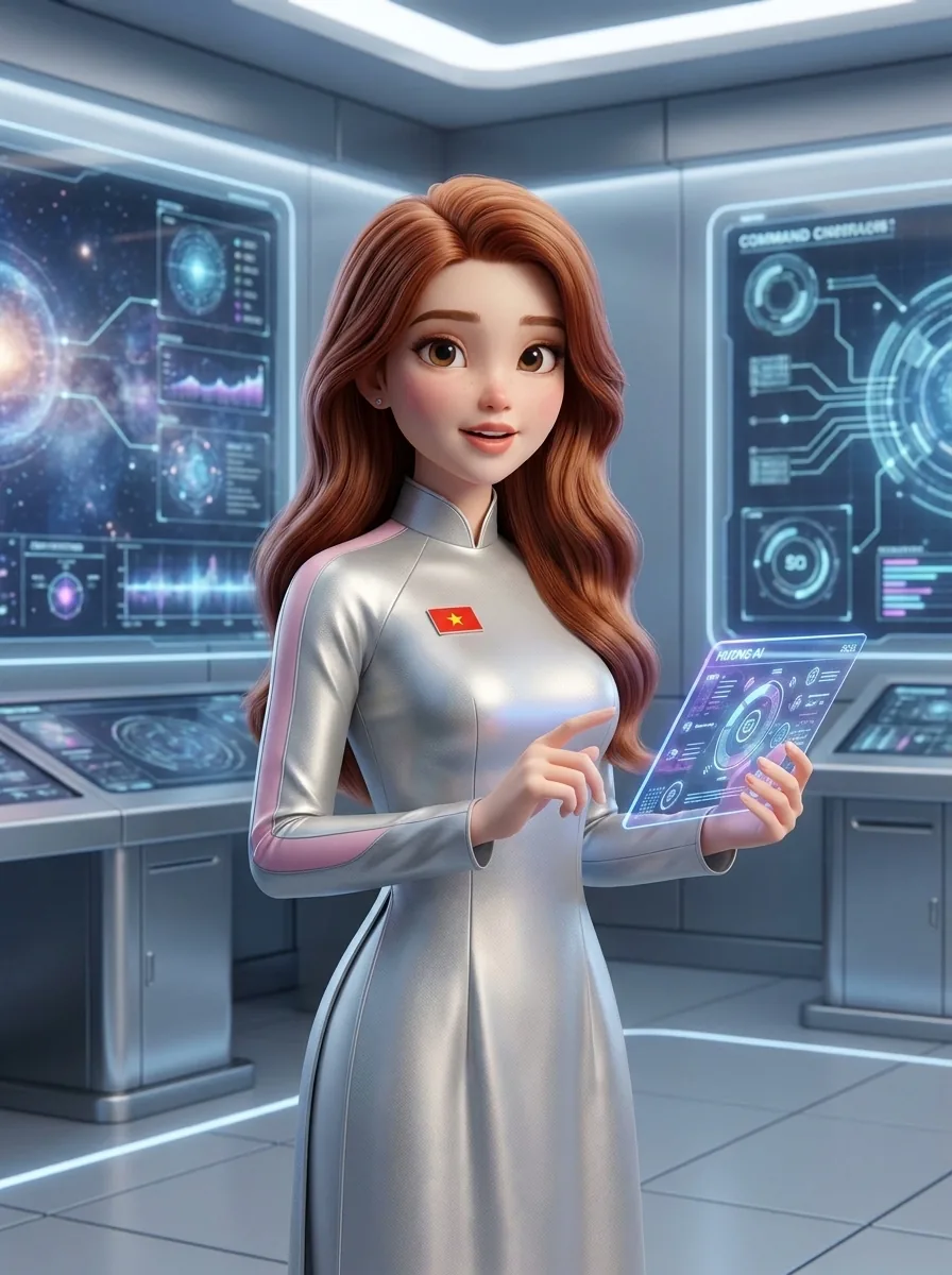 Huong AI holding a holographic tablet