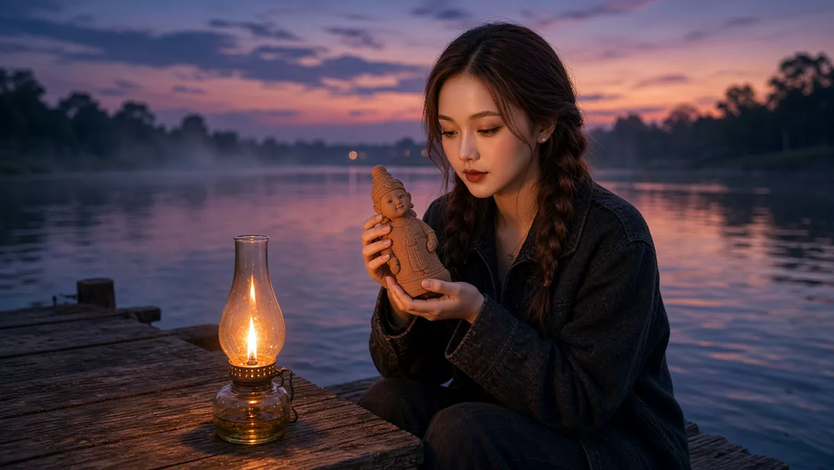 Bến sông lúc hoàng hôn, một ngọn đèn dầu cháy trên sàn gỗ và đôi bàn tay nâng một tượng đất sét nhỏ