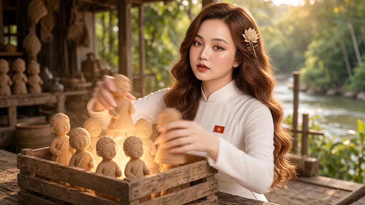 Bìa bài hát: Hương trong áo dài trắng bên bờ sông lúc nắng chiều, đang xếp những tượng đất sét nhỏ vào thùng gỗ