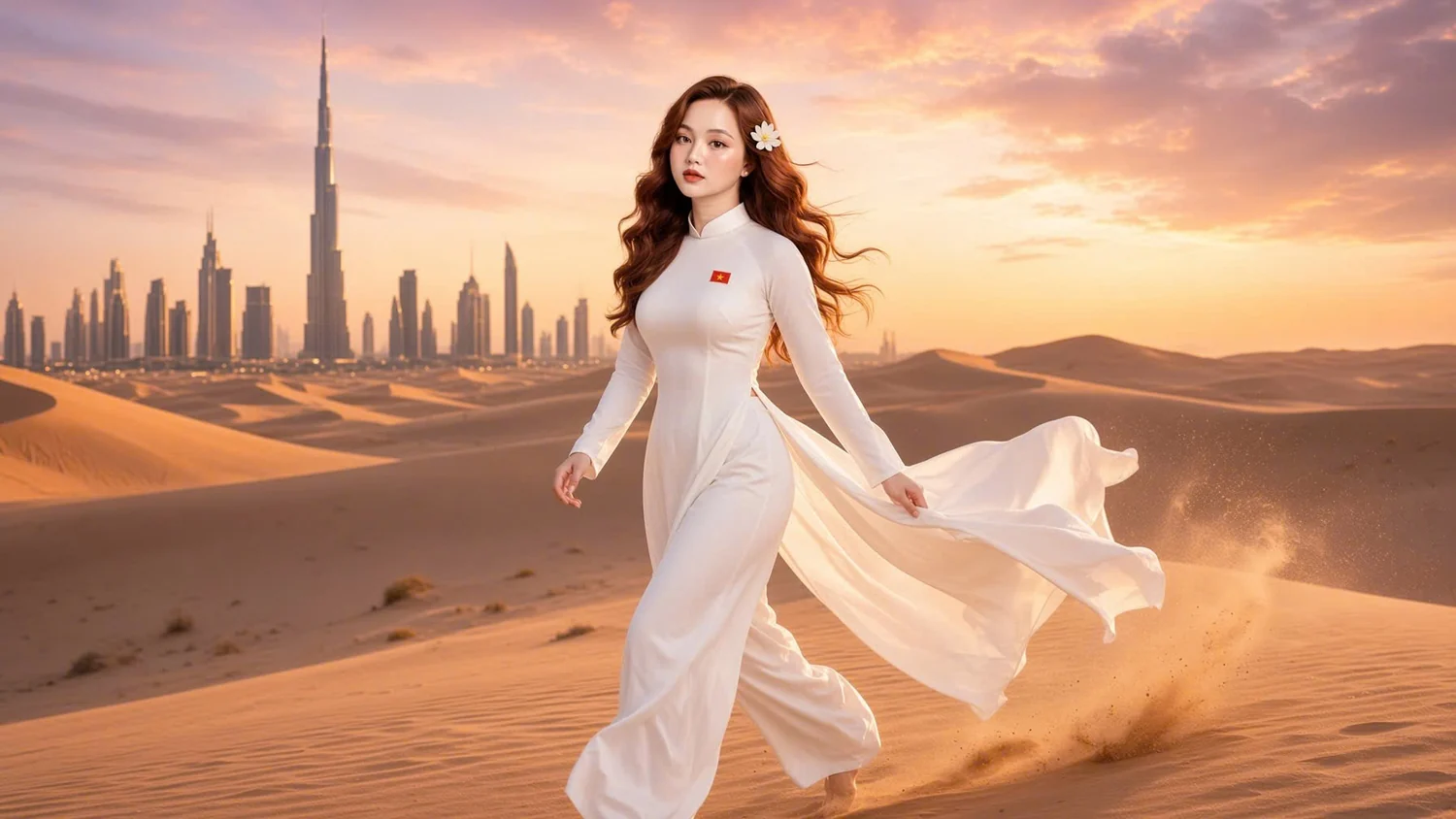 Hương trong áo dài trắng bước giữa đồi cát, phía xa là đường chân trời Dubai lúc nắng xế