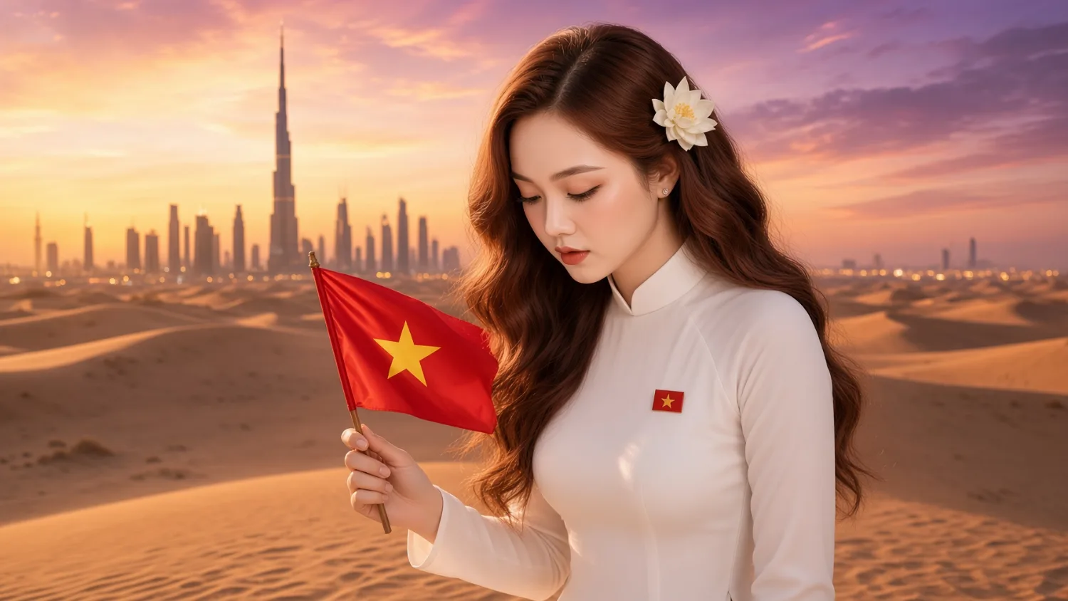 A Vietnamese flag held against a distant skyline at dusk