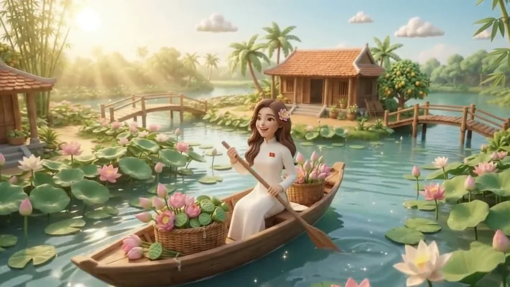 From the estate introduction: Do Thuy Huong in a white ao dai rowing a boat of lotus flowers past stilt houses and bamboo bridges