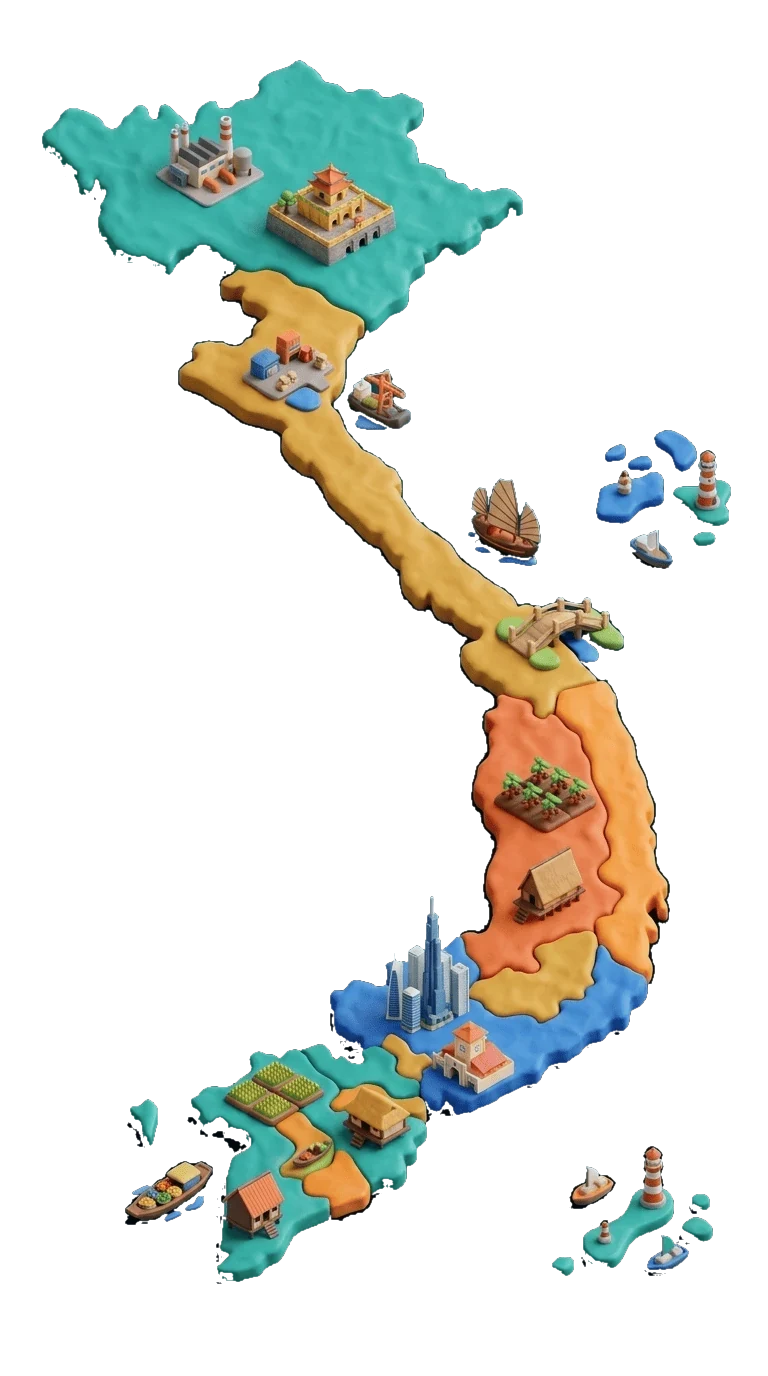 Three-dimensional clay map of Vietnam divided by economic region, with the Hoàng Sa and Trường Sa archipelagos offshore