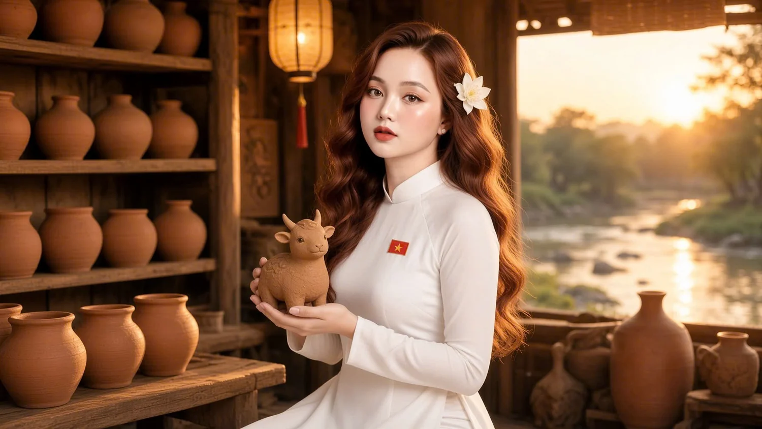 Hình đất sét: Hương đứng giữa những kệ gỗ đầy chum vại, trên tay là một tượng nhỏ vừa nặn xong, ngoài cửa sổ là dòng sông lúc nắng chiều